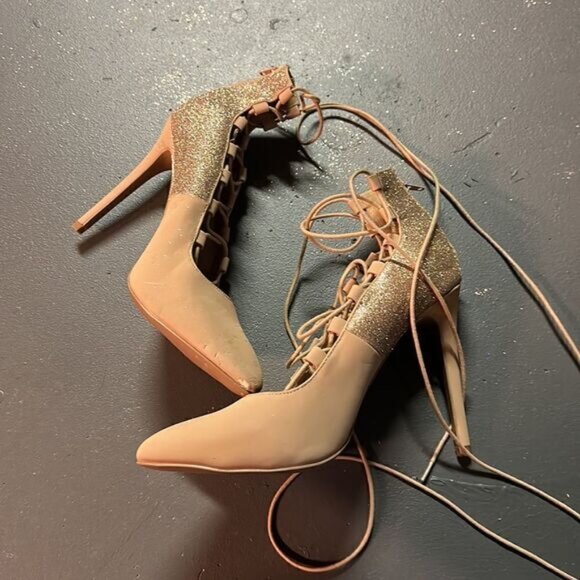 Charlotte Russe Shoes - Size 10 Custom Taupe Champagne Charlotte Russe Glitter Ankle Wrap Stilettos